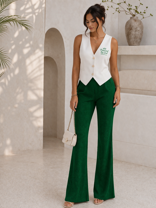 "Purposed By God" White Vest & Emerald Green Wide-Leg Pants Set