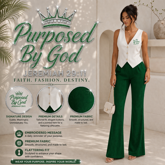 "Purposed By God" White Vest & Emerald Green Wide-Leg Pants Set