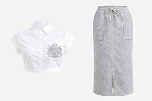 "Purposed By God" White Crop Button-Down &  Grey Midi Skirt Set